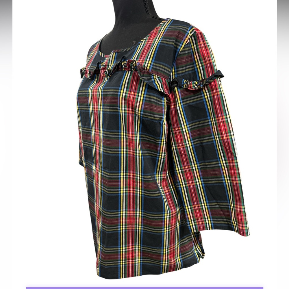 🔥TALBOTS! STEWART PLAID POPLIN RUFFLE POPOVER TOP! STUNNING! FESTIVE! LIKE NEW! - Picture 12 of 16